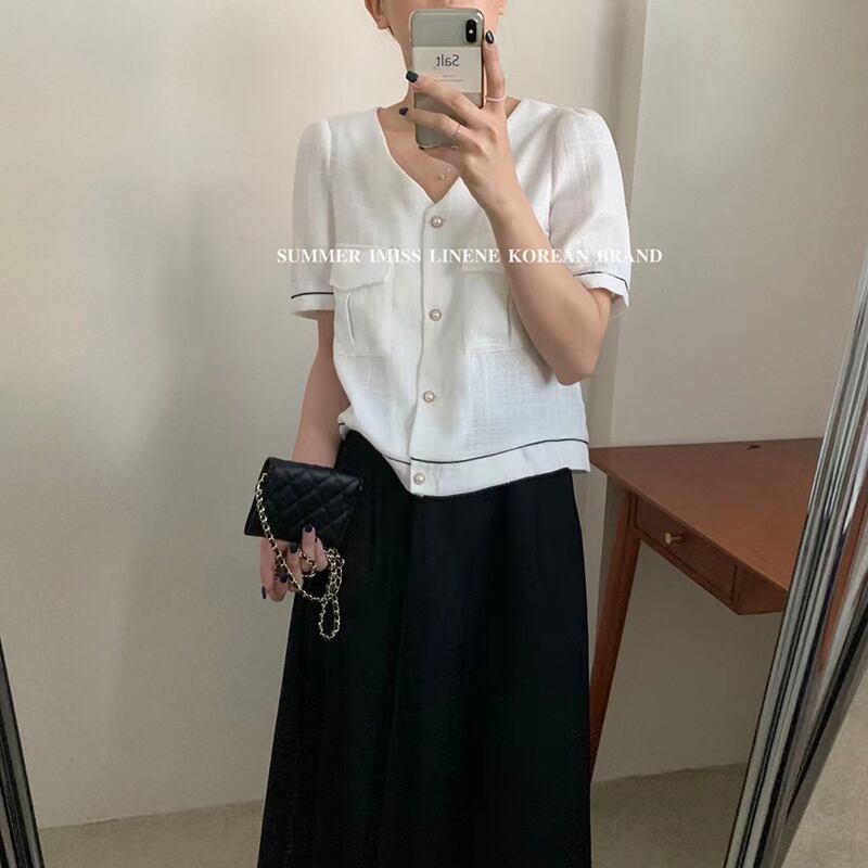 Vネックスタイルシャツ サマーボタンシャツ 夏物 ビッグFスモールZ韓国43355202414