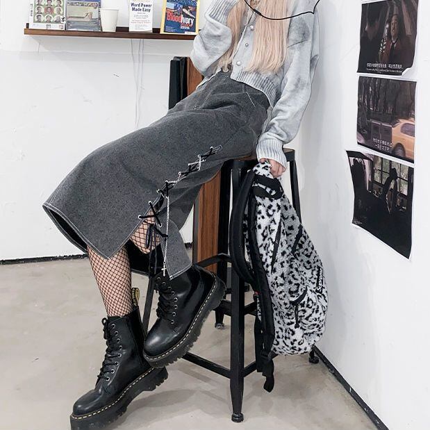 デニムスカート サイドレースアップ 編み上げ スリット クロスチャーム