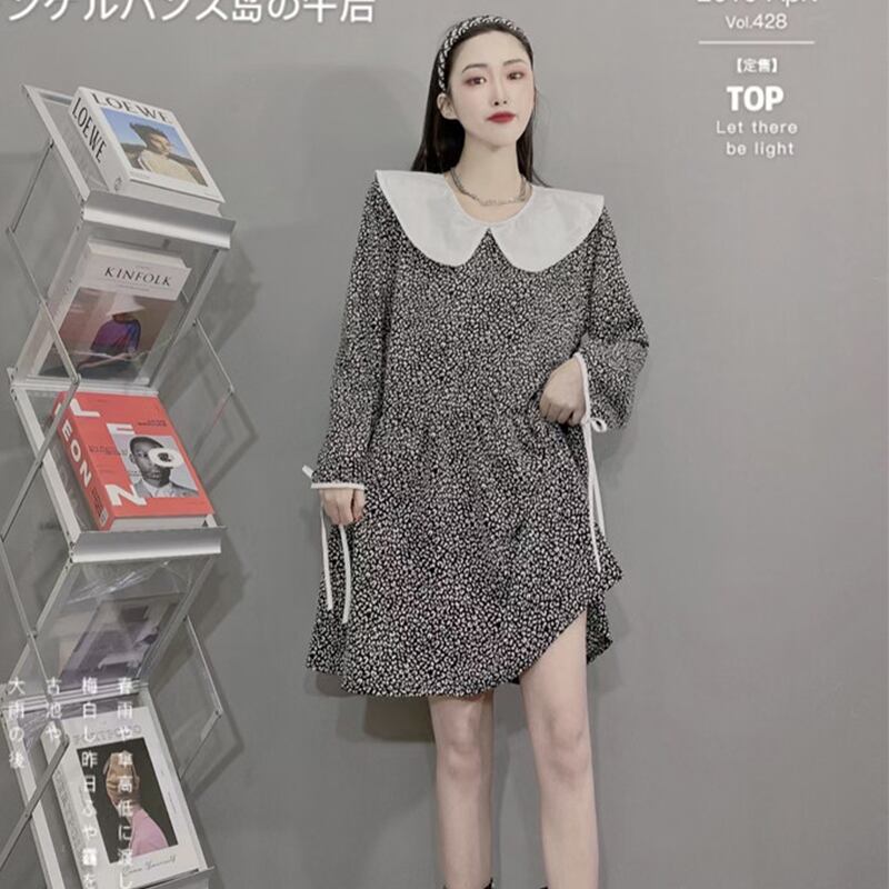 スプリングカラーレオパードウェストドレス 薄手 ロング 大きめサイズ 春物 ミックスインファッション59674352772