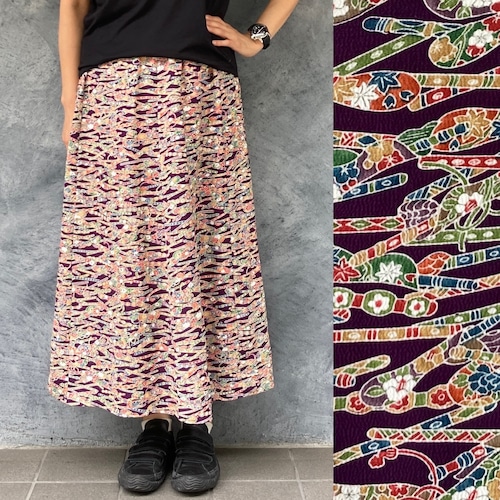 着物リメイクギャザーロングスカート - kimono elastic waist skirt