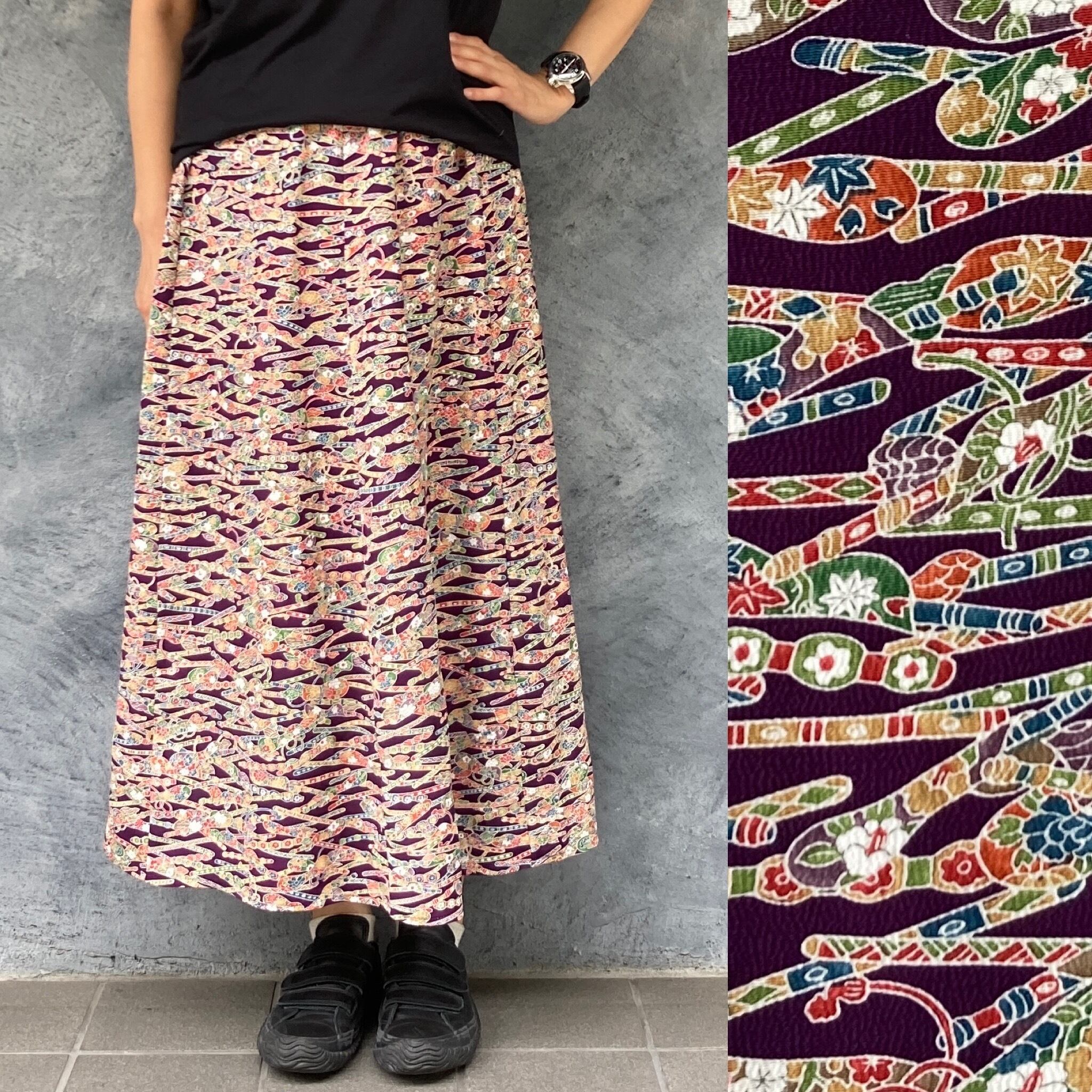 着物リメイクギャザーロングスカート - kimono elastic waist skirt