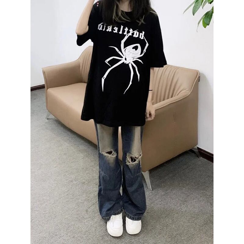 【新作】【送料無料】 アメリカンレトロウォッシュリップドジーンズ女性用夏2023新しいハイウエストルーズスリミングストレートワイドレッグパンツ 0360043573554