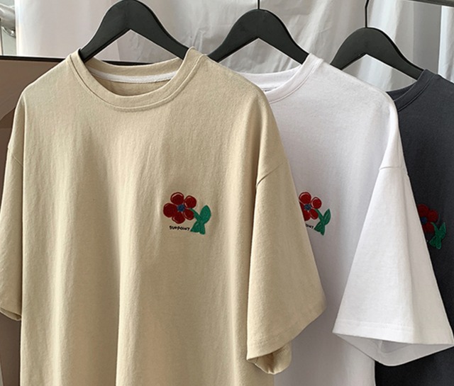 【韓国ファッション】フラワー刺繍 ワンポイント半袖 Tシャツ