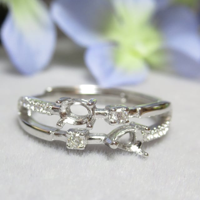 4×3㎜ ドロップ オーバル 2粒 ダブルCZライン S925 リング台 SV