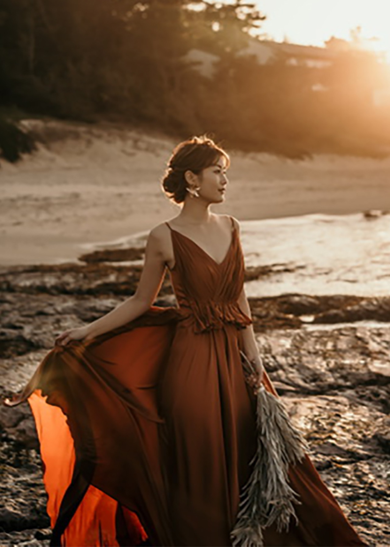 とろみシフォンサテンドレス テラコッタ バックリボンドレス お呼ばれ  