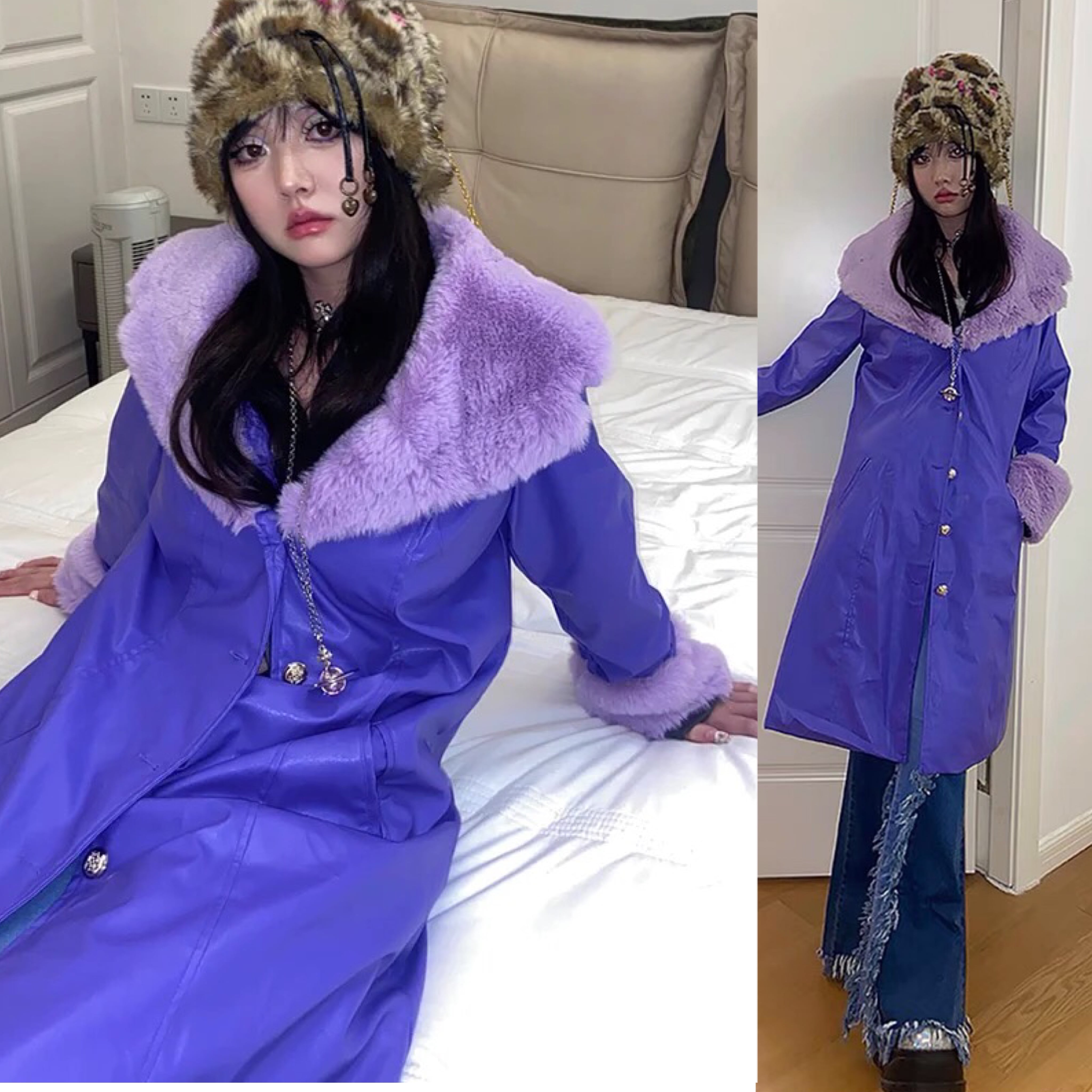 パープルファーとレザーのロングコート コート レザー 革ジャン ファー ストリート 紫 パープル セーター