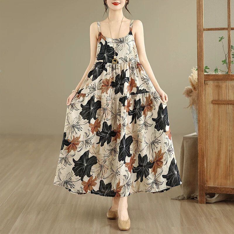 PRINT A-LINE LONG TIERED STRAP DRESS 7colors M-16762