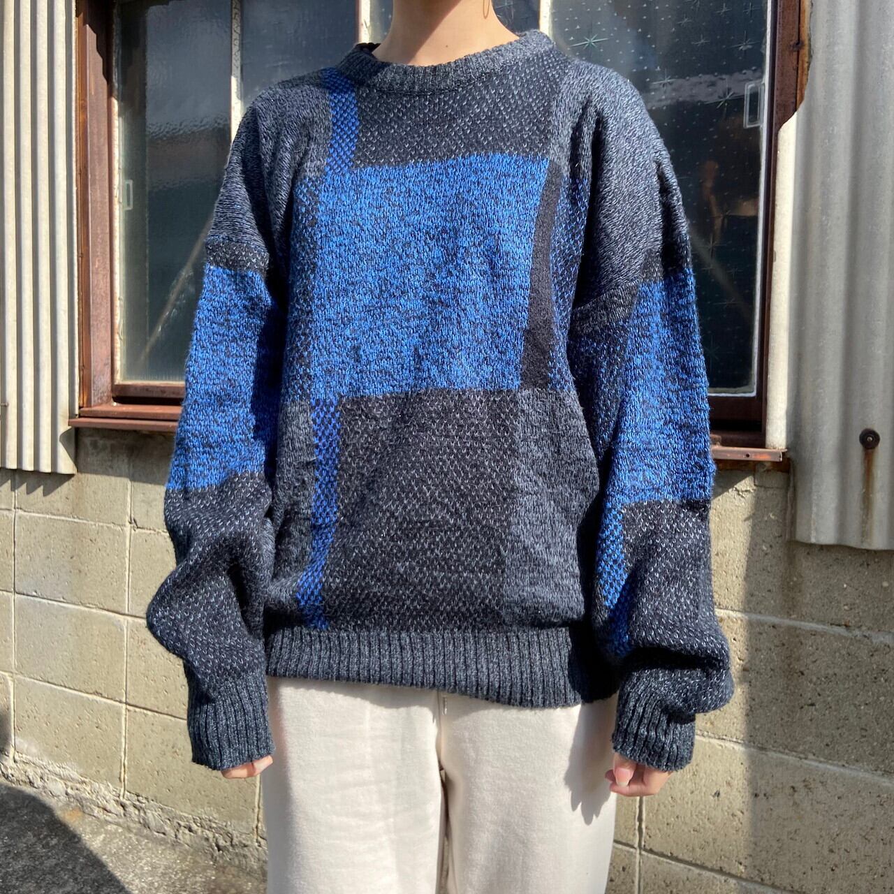 Michael Gerald 総柄 チェック アクリル ニットセーター メンズXL レディース2XL 古着ブルー ブラック 【ニットセーター】 |  cave 古着屋【公式】古着通販サイト