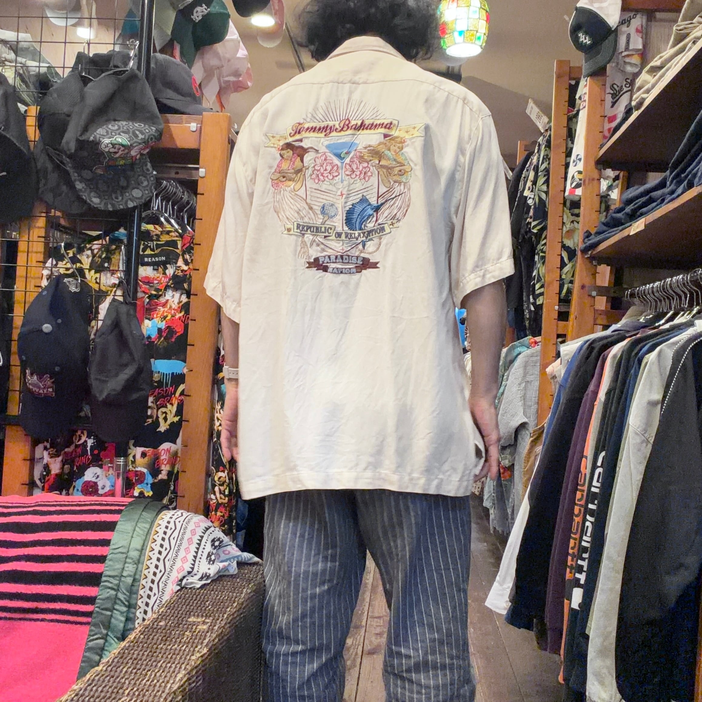 TommyBahamaトミーバハマ刺繍入りシルク製アロハシャツL古着(2117