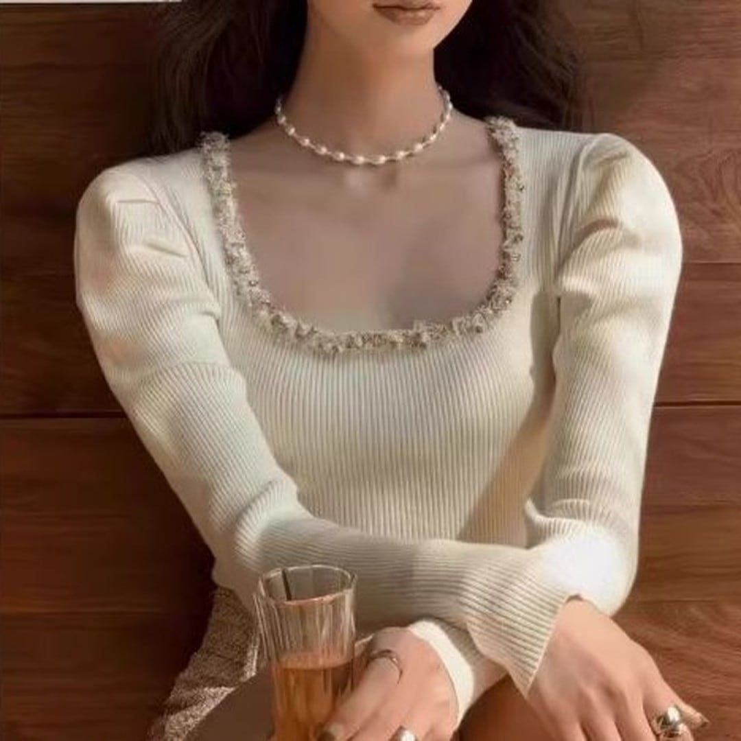 square neck long sleeve rib knit top(2color) V3237