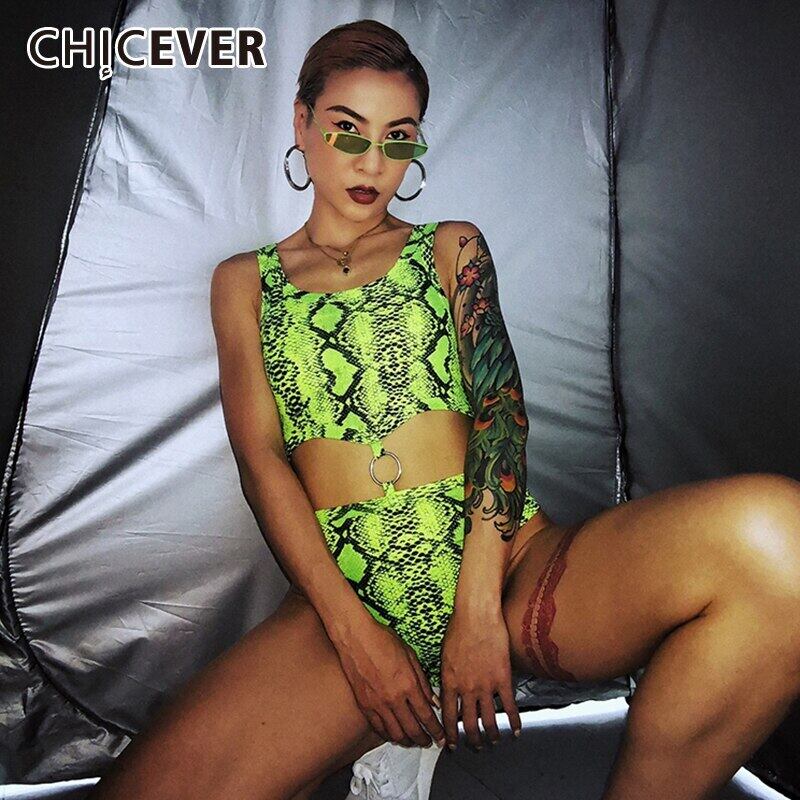 CHICEVERセクシーなホローアウトボディスーツスクエアカラースキニーノースリーブウエストプリントウーブンジャンプスーツ2020スタイル スクウェア 6base567240562453