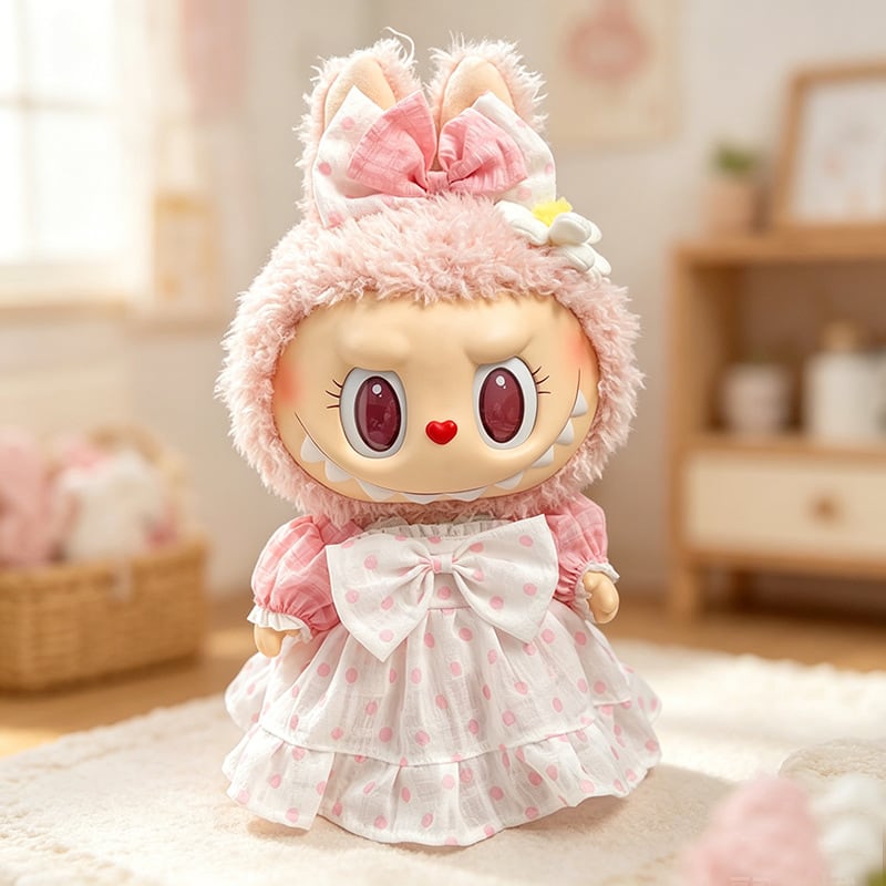38cm Labubu用 ドット柄 ワンピース+ヘアアクセサリー+靴 ラブブ