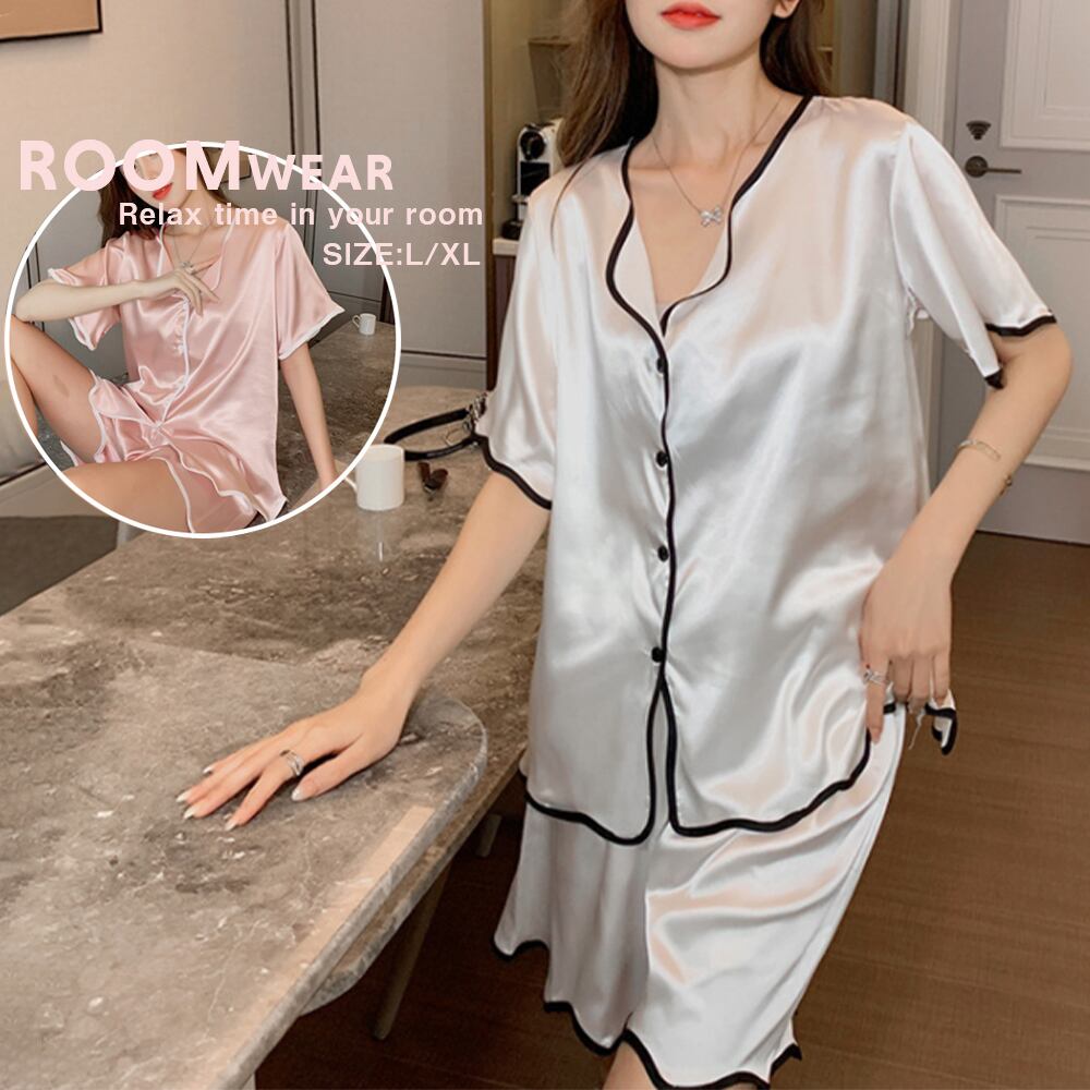 パジャマセットアップ シルク風 部屋着