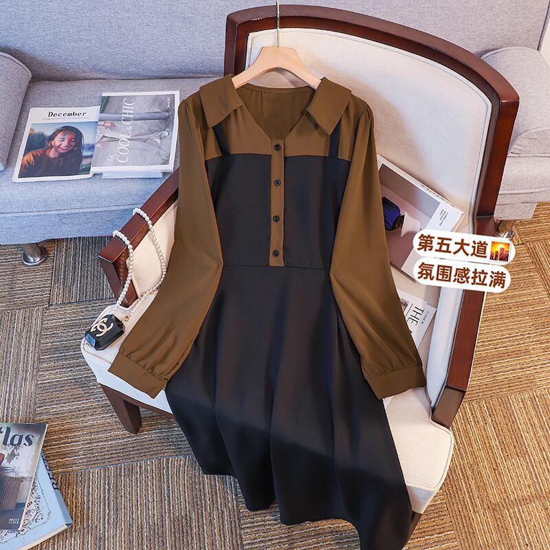 【新作】【送料無料】 コントラストのあるストラップが付いたファッショナブルな偽ツーピースドレス、大きいサイズの痩身と太いmmのお腹をカバーするスカートのリアルショット 0240095453501