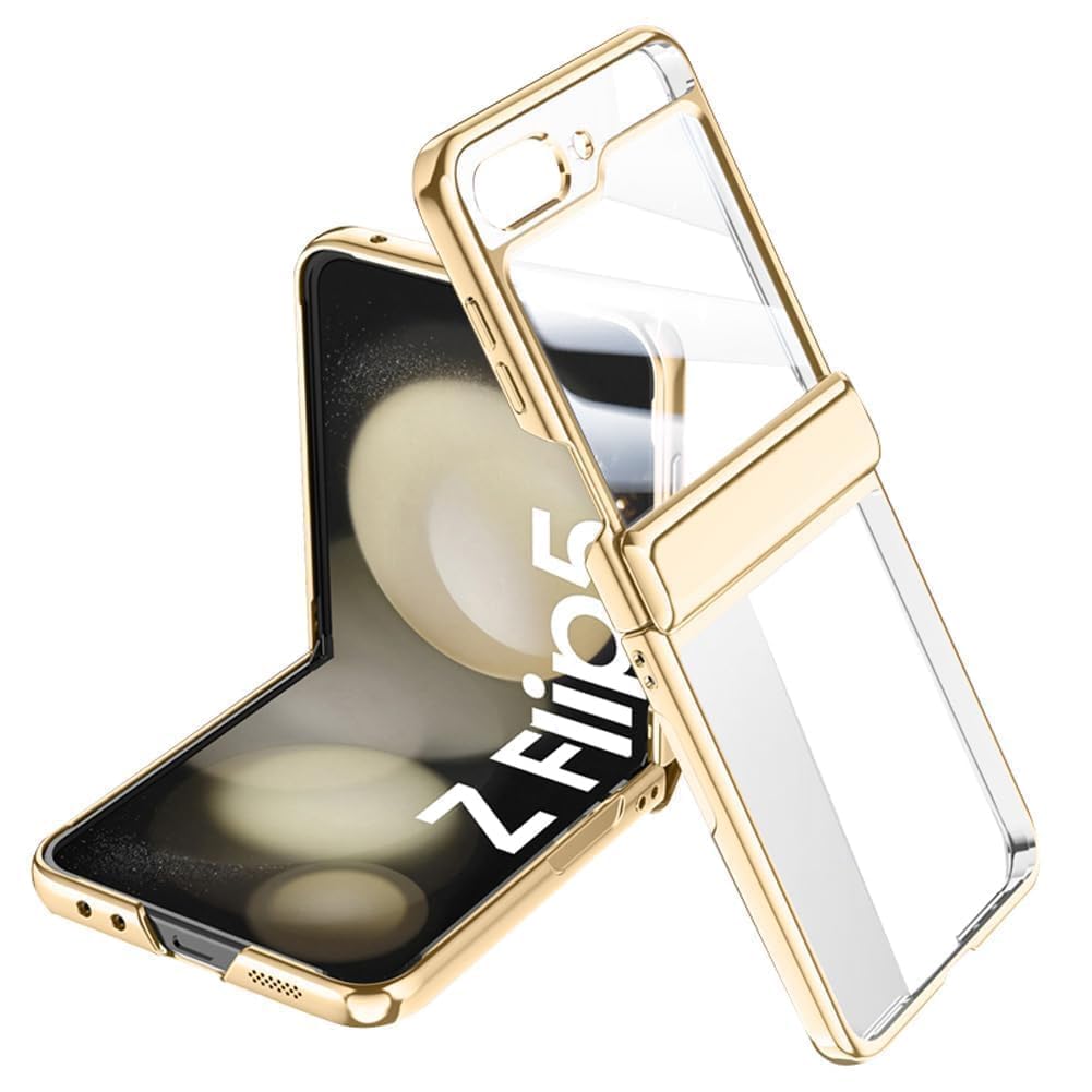 OURJOY Galaxy Z Flip5 用 ケース ヒンジ保護 電気メッキ加工バンパー クリア背面 一体型ガラスフィルム サブ画面保護「ゴールド」