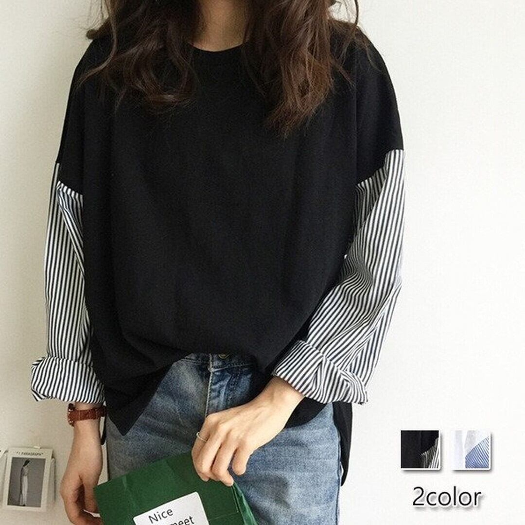 切り替え 長袖Tシャツ ロングT レディース 韓国ファッション 体型カバー 2色展開
