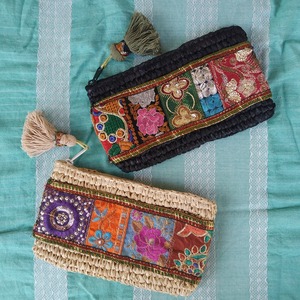 Seagrass x Indian Embroidery purse　天然素材&インド刺繍パース