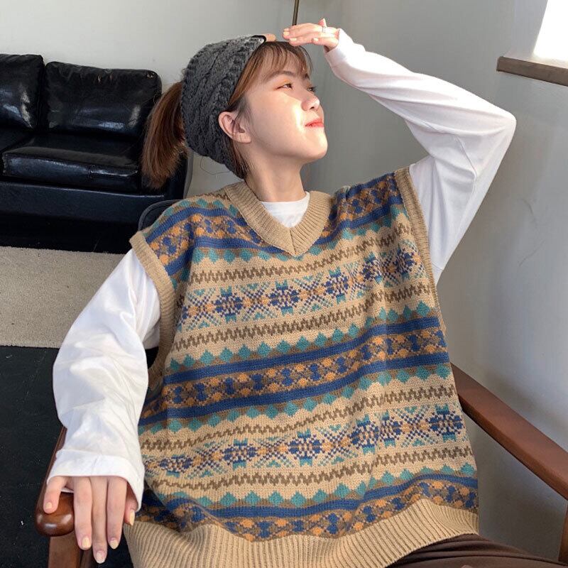 スプリングセーター ルーズスタンダードスタイルノースリーブVネックニットレディーストップス レトロ 春物 萌量不足40054917939