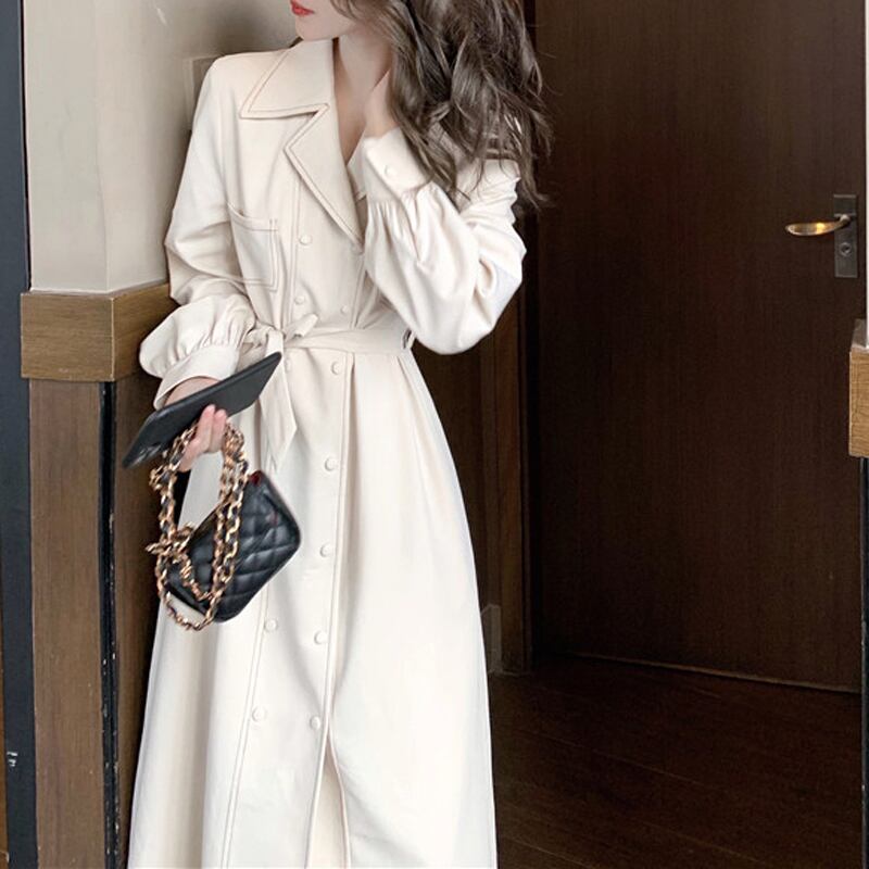 ワンピース 全2色展開 気質up コート風ワンピース 折襟 無地 痩せ見え ベージュ ピンク Ol 通勤 長袖 Miyabigo