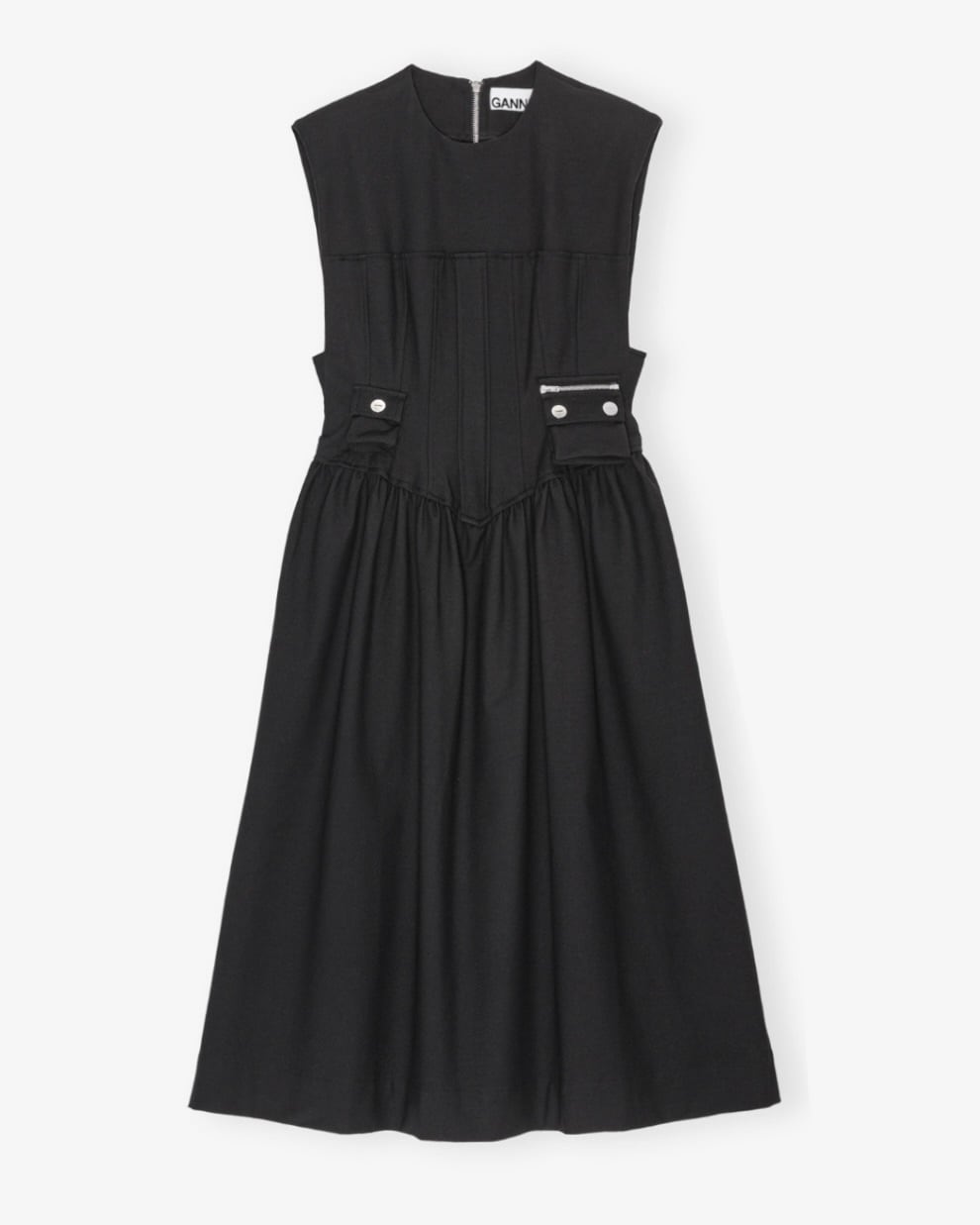 GANNI】Black Heavy Cotton Corset Midi Dress | idealclasse