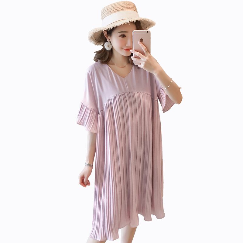 【新作】【送料無料】 夏のルーズ半袖ドレスマタニティプリーツシフォン妊娠中のドレス妊婦マタニティ服 ショート ハーフスリーブ サマー 夏物 expec581853271631
