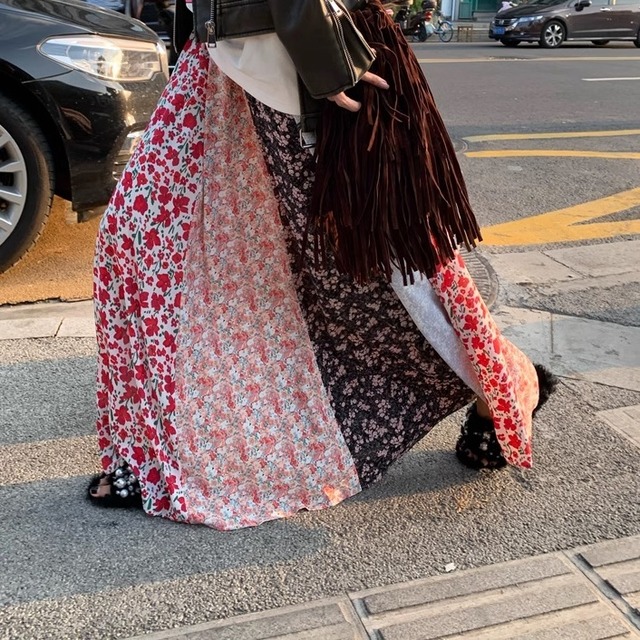 flower print patchwork long skirt 〈sk101743〉