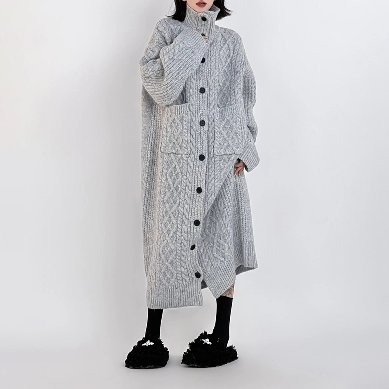 オーバーサイズ ハイネックロングニットカーディガン H0049