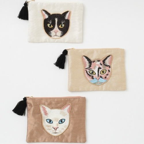 CAT刺繍フラットポーチ