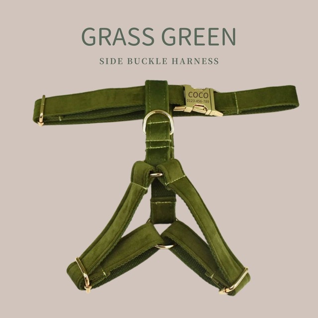 NEW【ベルベット・グラスグリーン】迷子札付犬のハーネスと選べるリードとコサージュセット