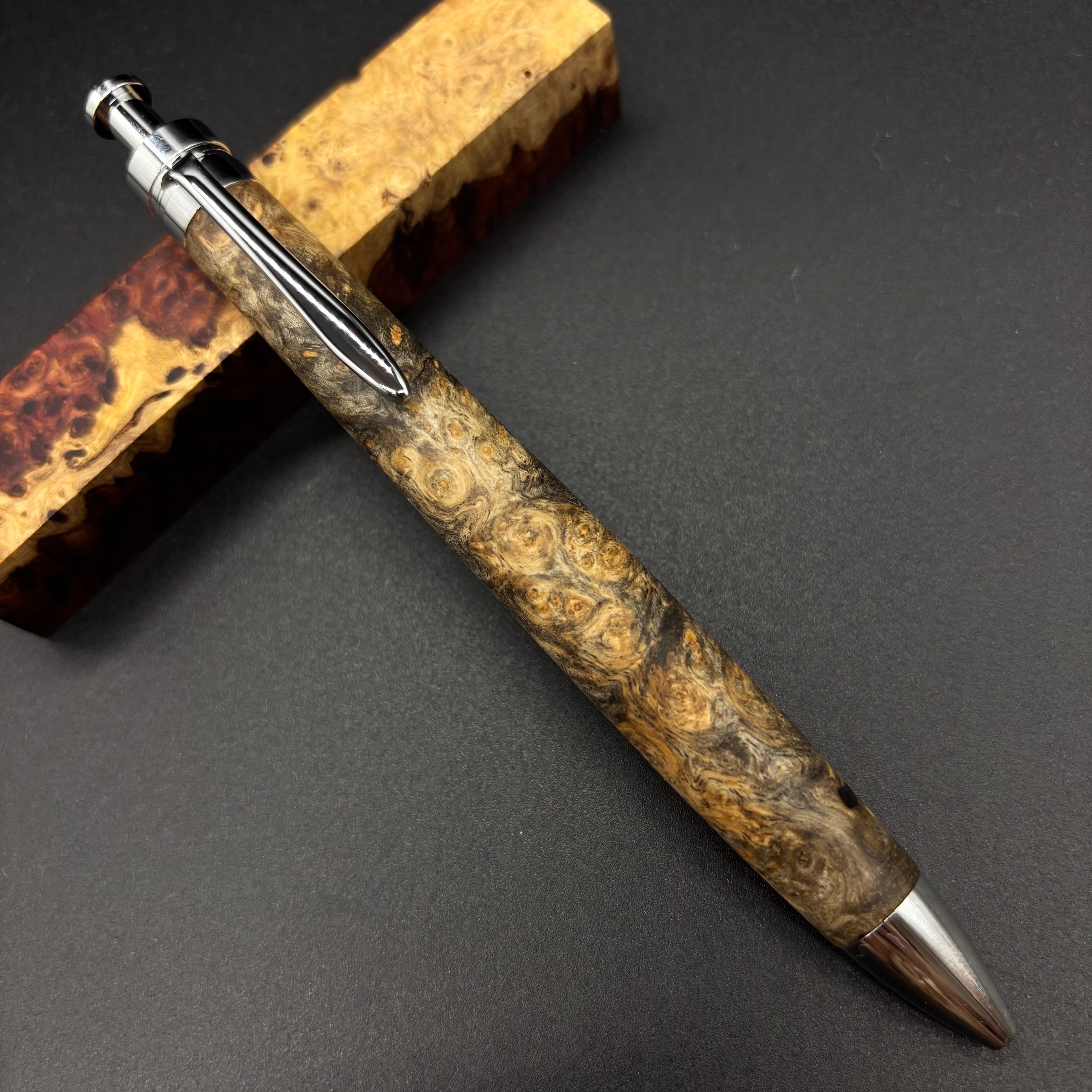 【水鳥】　スタビ　樺瘤　ハンドメイド　木軸ボールペン　G2　天然木　ブラック 富士瘤 Craft