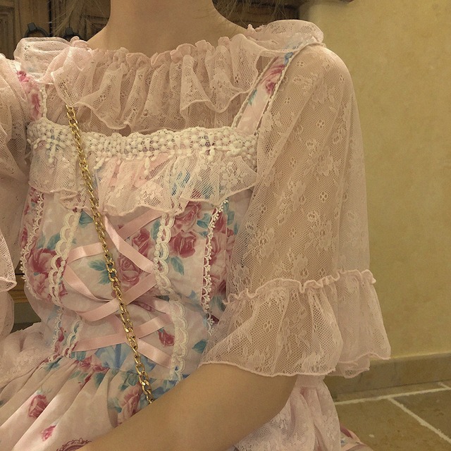 日系 レース メッシュ かわいい ロリータ Lolita 5色 半袖 トップス46981941