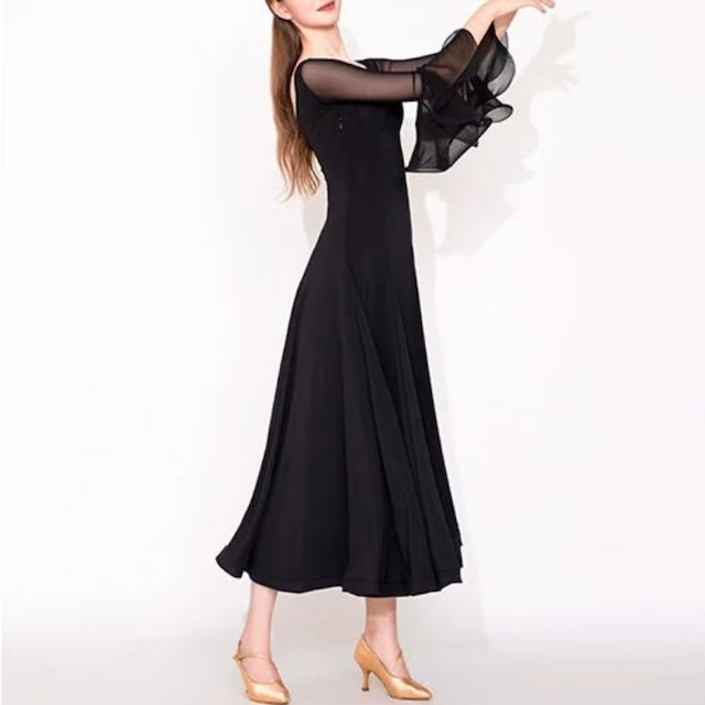 シアーメッシュスリーブ ベルフレア ロング ダンスドレス 2col D00626