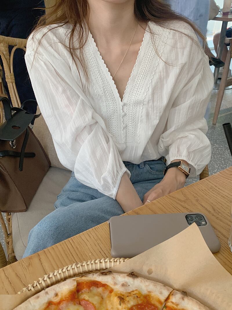 ソリッド カラーストライプシャツ トップス オータム薄手ルーズVネックホワイト ロング 秋物 ソリッドカラー ビッグFスモールZ韓国9958309160