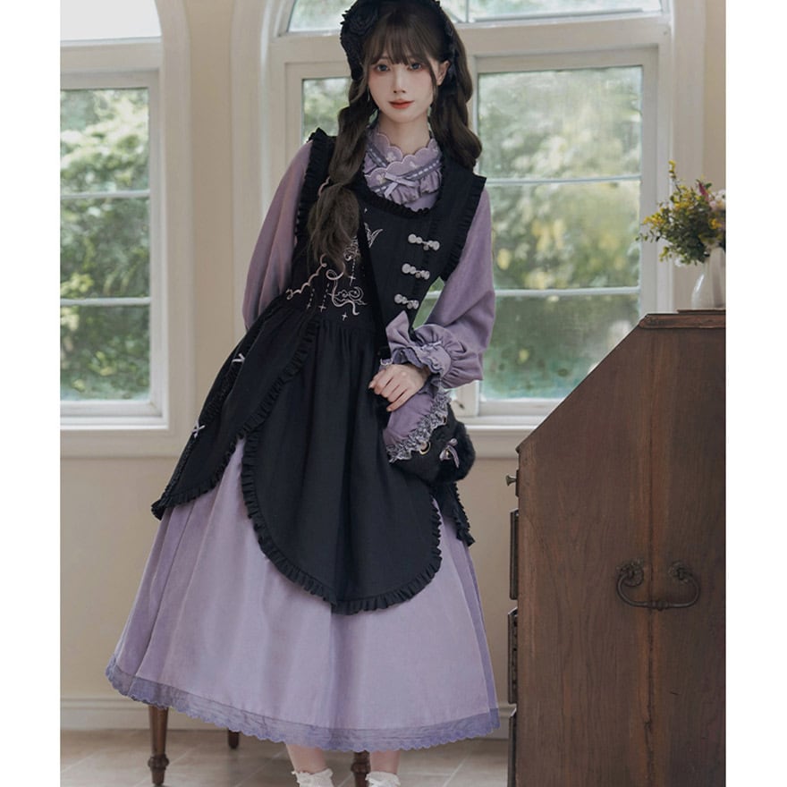 ゴスロリ 服 黒 ワンピース クラシカル 甘ロリ 長袖 カラフル ピンク