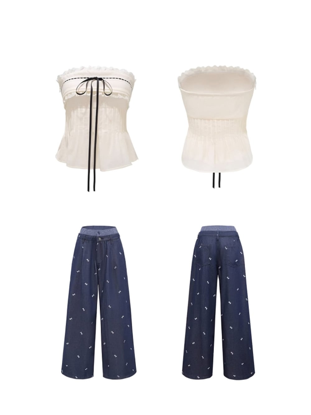 レースペプラム　パンツ　セットアップ レースペプラムチューブトップ＆リボンモノグラムパンツセットアップ