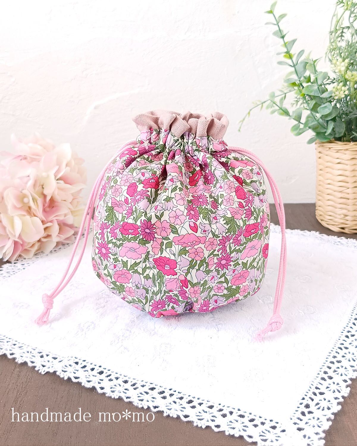 まんまる巾着L ジューンズメドウ 赤 3263 | handmade mo*mo リバティ