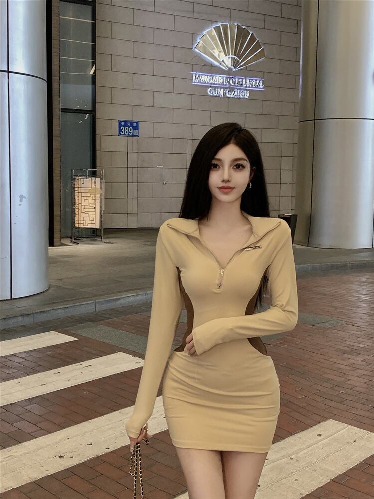 【新作】【送料無料】 Delong 春と秋のホットガールレトロジッパーヒップセクシーな長袖ドレス痩身ショートスカート女性のための 0254760815176