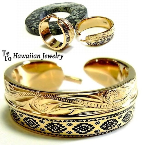 【ハワイアンジュエリー / HawaiianJewelry】 リング/指輪 フェザー オルテガ柄 K14イエローゴールドコーティング (grs8596)