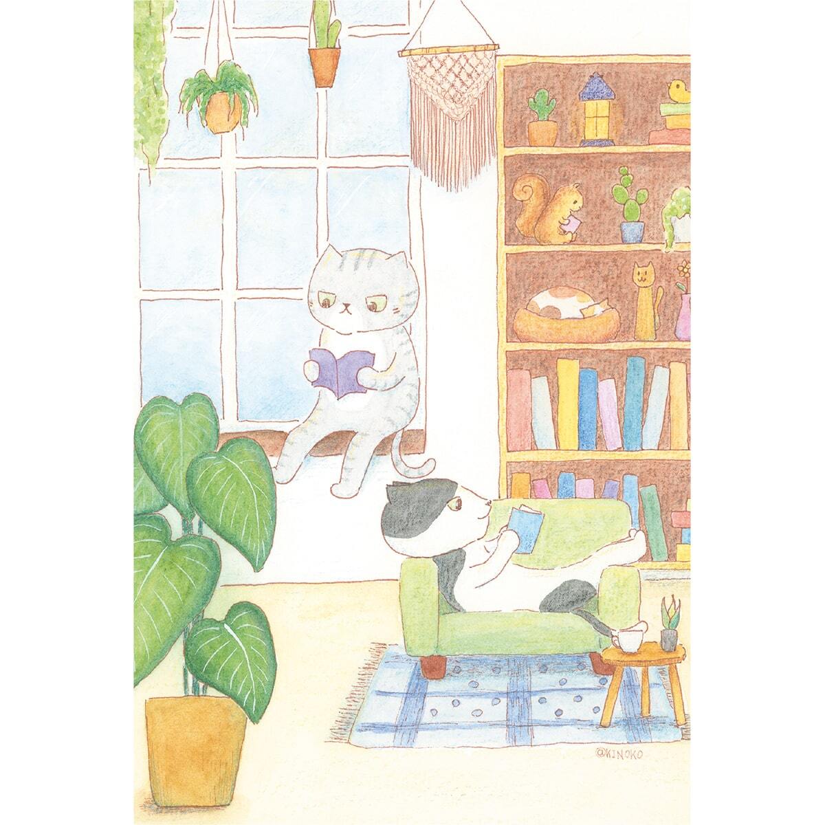 ポストカード くつろぎ部屋 / グッズ 部屋 水彩 イラスト 猫 絵本風