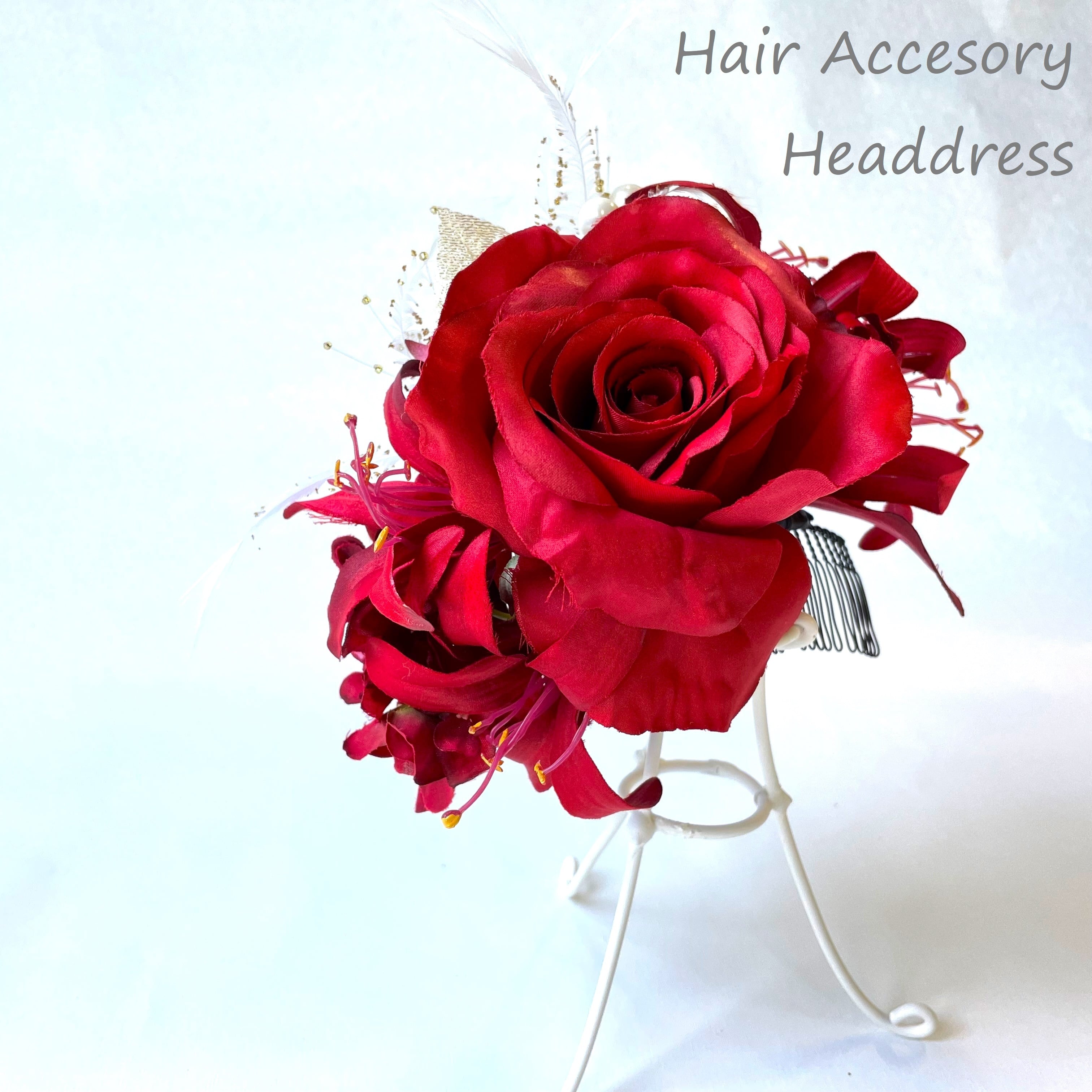 髪飾り 赤薔薇 ダイヤ 結婚式 成人式 卒業式 ヘッドドレス 美女と野獣-