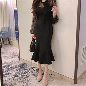 【送料無料】 ロングドレス 2色 ドレス dress 衣装 ワンピース パーティドレス カラードレス ロング ロング丈 ミモレ ミモレ丈 袖あり 長袖 クルーネック Aライン フレア ドッキング マーメイド レース 異素材切り替え 透け感 シースルー リボン フォーマル エレガント 可愛い 大人可愛い きれいめ シンプル シック コンサバ 華やか 大人 上品 おしゃれ お洒落 こなれ感 高見え 高級感 フェミニン 無地 秋 冬 30代 40代 レディース 女性用 ママ お呼ばれ 結婚式 二次会 パーティ