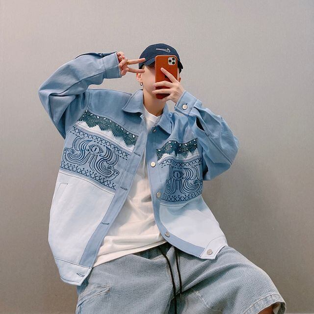 【予約販売】デニムジャケット 刺繍 ステッチ アウター オーバーサイズ ジージャン メンズ ブルー M/L/XL/2XL