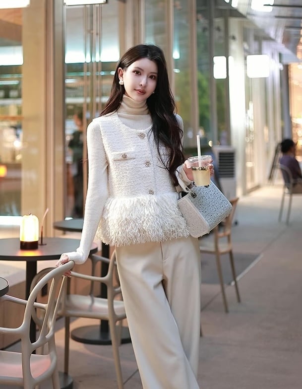 ファー付き ツイードベスト ノースリーブジャケット | Faboutique