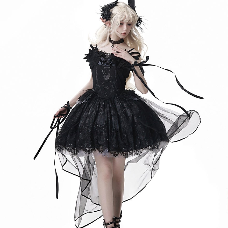 ゴスロリ ワンピース 黒鳥 ドレス 黒 アシンメトリー レース フェザー