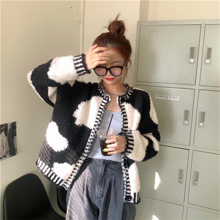 スリム 暖かい 厚手 ゆったりする 短いスタイル ブラックホワイト ニットトップス