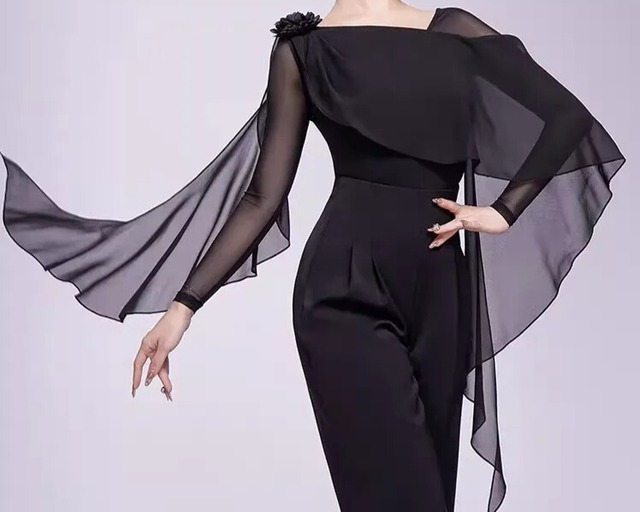 ドレープ ロングスリーブ シースルーフレア トップス （レオタードタイプ選択可） ds1444