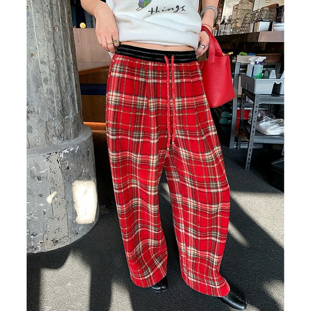レッドチェックリラックスフィットウォームパンツ［S-L］