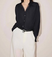 ブラックレースパッチワークVネック長袖シャツ