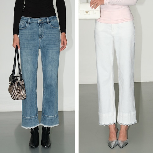 Lace Hem Cropped Straight Denim / 2color