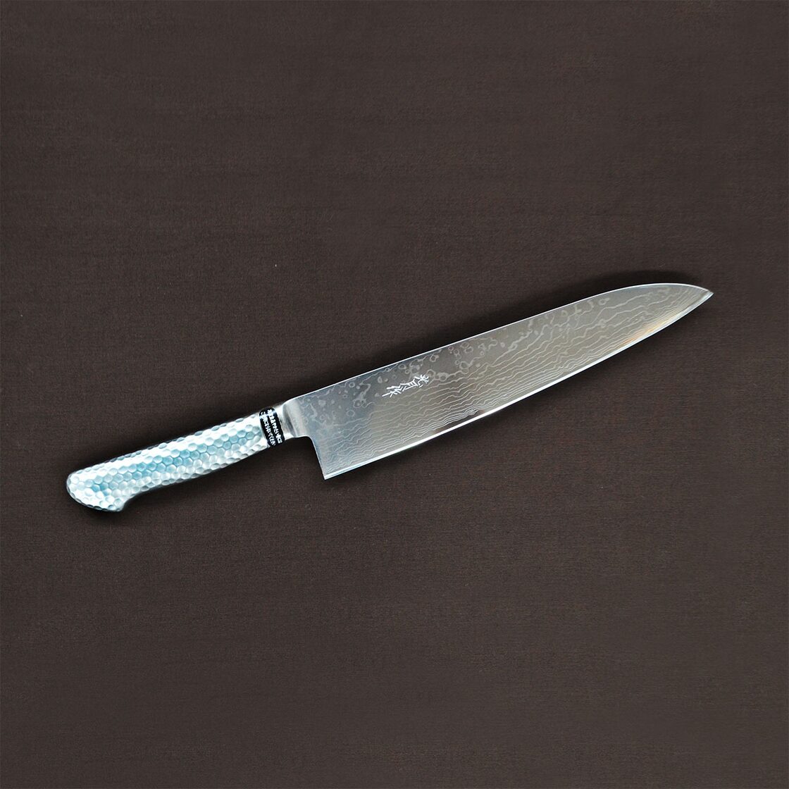 日本製 千葉伝統工芸刃物 光月作ダマスカス共柄 手とぎ牛刀240mm包丁 